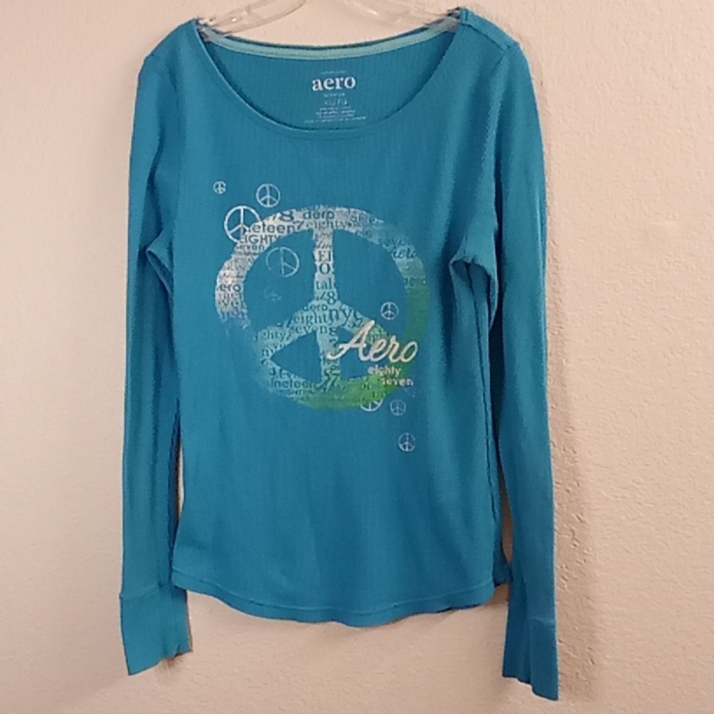 AERO Y2K Round Neck Sz XL Turquoise White Long Sleeve Ribbed T Shirt B4 X